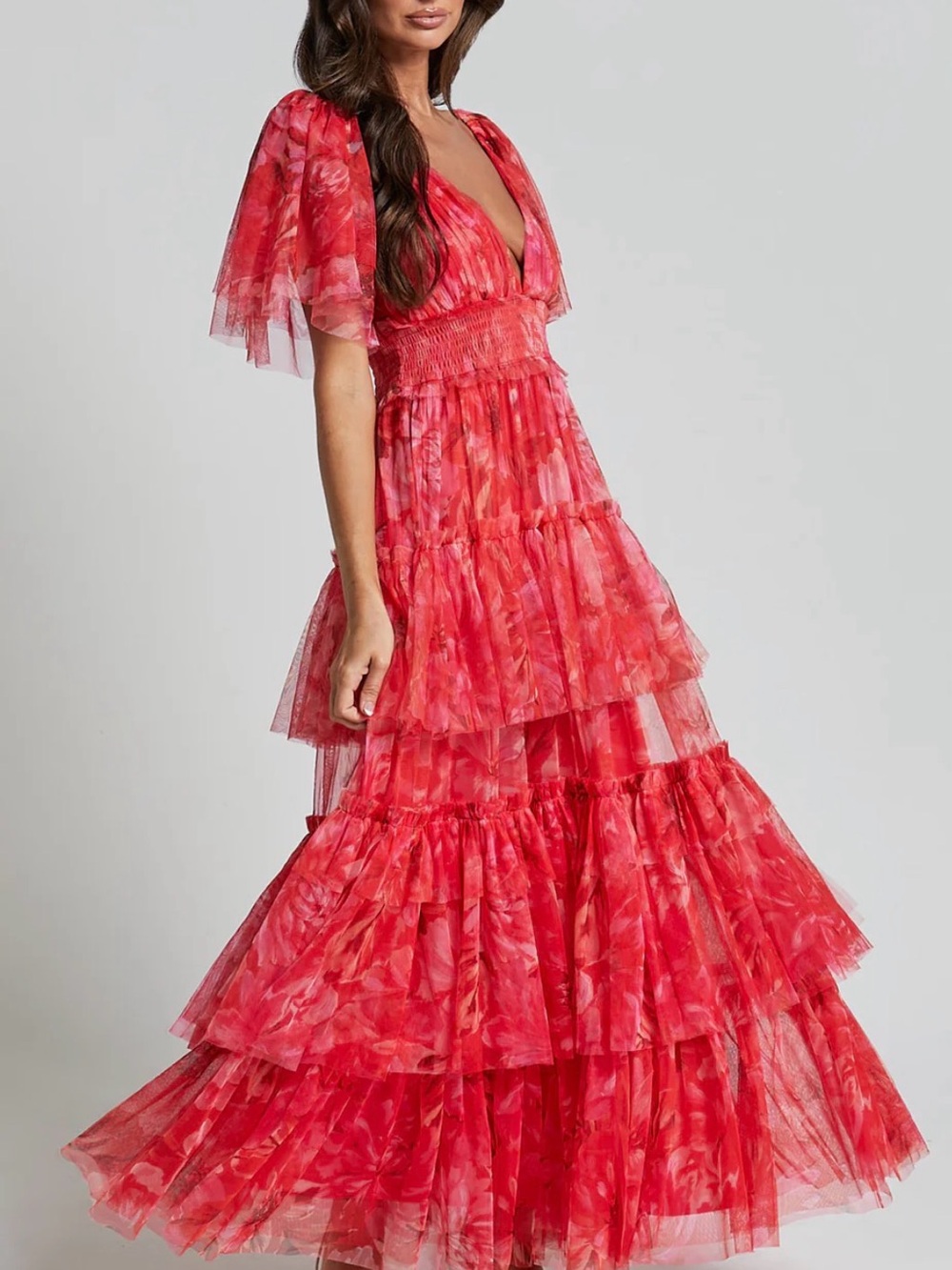 Showpo Red Floral Tiered Maxi Dress